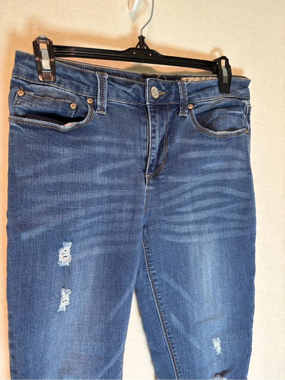 Indigo Rein Distressed Ankle Skinny Jeans Juniors 7 Medium Wash Raw Hem